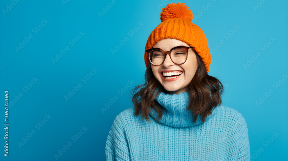 Happy Woman in Orange Beanie and Blue Sweater Smiling Against Blue Background Happy Woman in Orange Beanie and Blue Sweater Smiling Against Blue Background