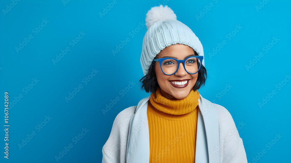 Happy Woman Wearing Knitted Winter Hat Glasses on Blue Background Happy Woman Wearing Knitted Winter Hat Glasses on Blue Background