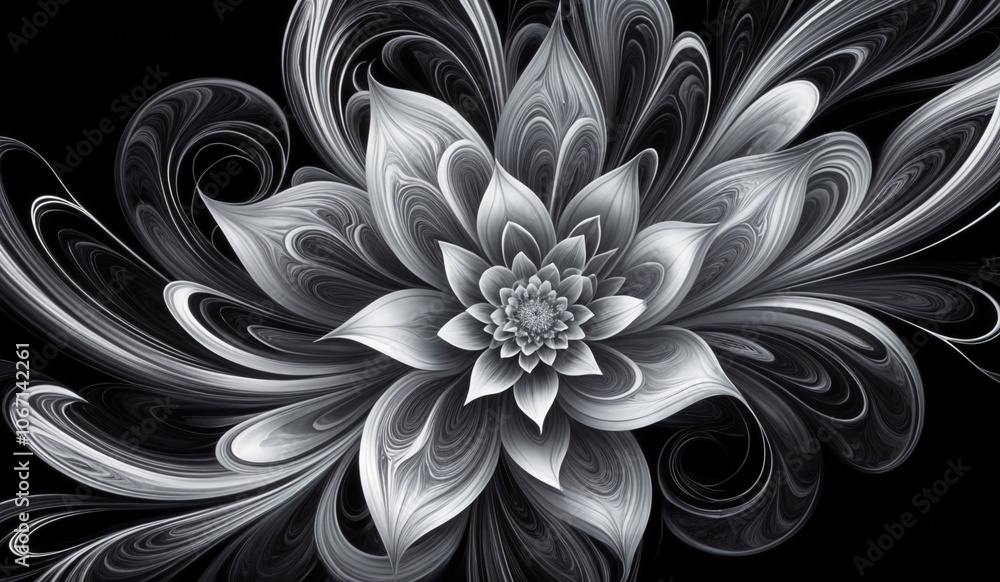 Abstract swirling silver and white flower on black Abstract swirling silver and white flower on black