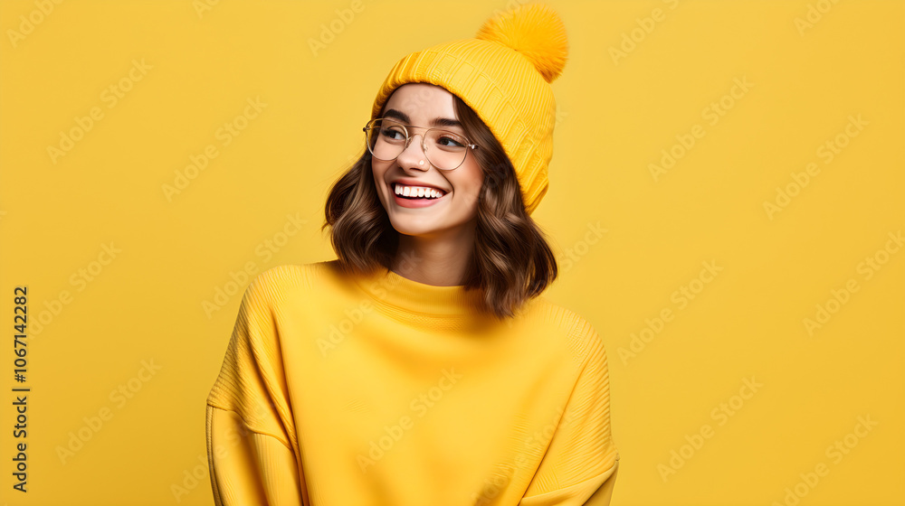 Happy Woman in Yellow Sweater and Beanie Smiling on Yellow Background Happy Woman in Yellow Sweater and Beanie Smiling on Yellow Background
