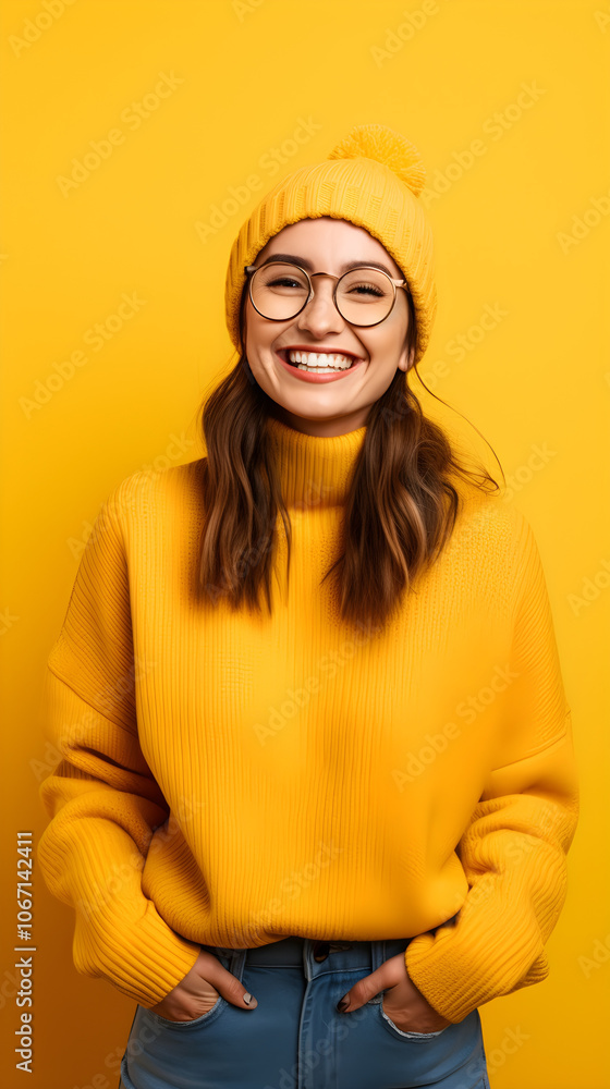 Happy Young Woman in Yellow Sweater and Hat on Yellow Background Happy Young Woman in Yellow Sweater and Hat on Yellow Background