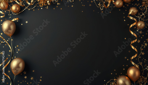 Golden balloons and decorations on black background create festive atmosphere for celebrations. Perfect for New Year or party themes