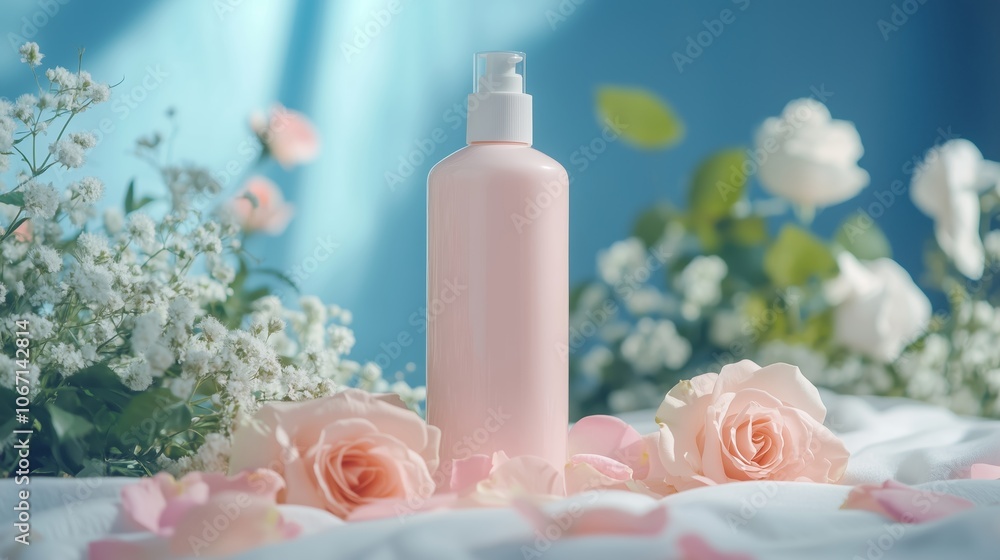 A pink cosmetic bottle surrounded by fresh roses and delicate flowers on a soft backdrop A pink cosmetic bottle surrounded by fresh roses and delicate flowers on a soft backdrop