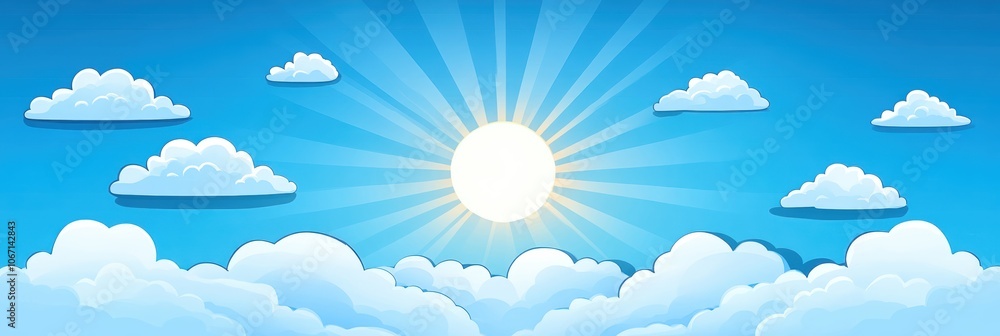 Bright sun shining through fluffy clouds against a clear blue sky. Bright sun shining through fluffy clouds against a clear blue sky.