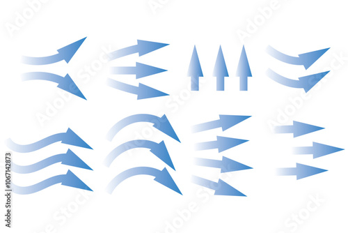 Set of blue arrow showing air or wind flow. Air conditioner direction. Isolated on transparent background element