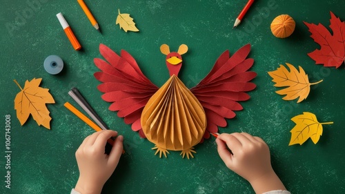 A creative craft scene featuring hands assembling a turkey decoration with paper, leaves, and art supplies on a green surface. photo