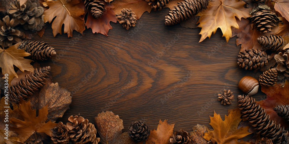 Fototapeta premium Fall themed background with leaves, pine cones, and acorns with copy space made of wood