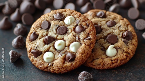 Indulge in decadent chocolate chip cookies topped with creamy chocolate chips for a sweet treat photo