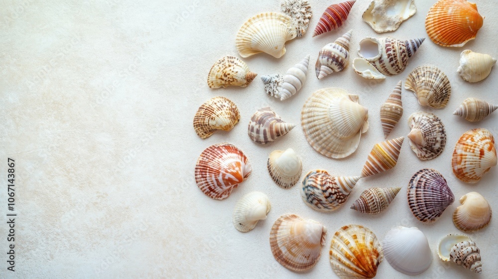 Top-down view of assorted seashells arranged in a spiral pattern, white sandy background, soft natural light, coastal nature collection, beach theme Top-down view of assorted seashells arranged in a spiral pattern, white sandy background, soft natural light, coastal nature collection, beach theme