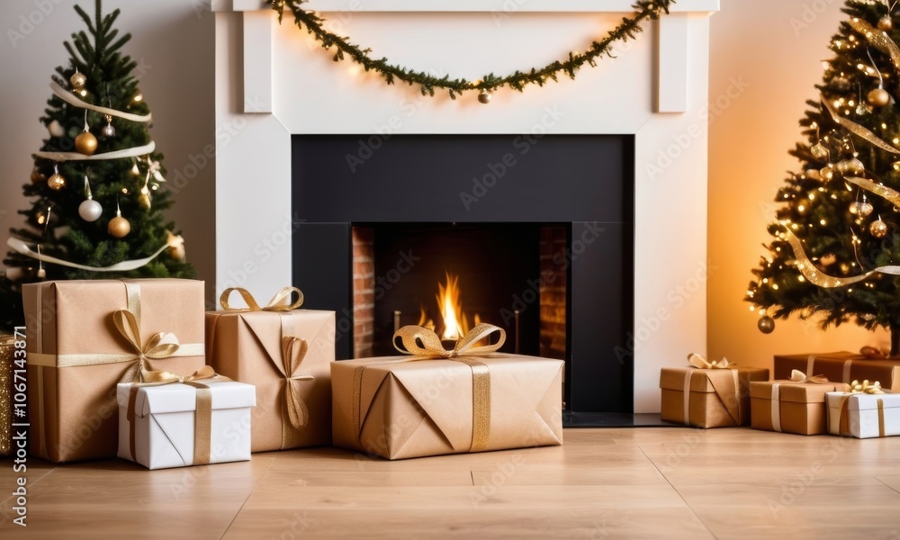 Fototapeta premium Retro presents under tree near cozy fireplace, wrapped in kraft paper with festive ribbons, surrounded by glowing candles and holiday decor in a warm living room