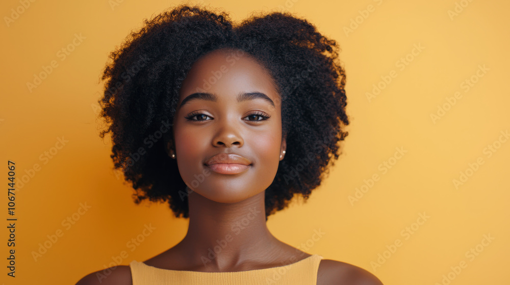 confident woman with natural curly hair poses against bright yellow background, radiating positivity and self assurance. Her expression reflects inner strength and beauty confident woman with natural curly hair poses against bright yellow background, radiating positivity and self assurance. Her expression reflects inner strength and beauty