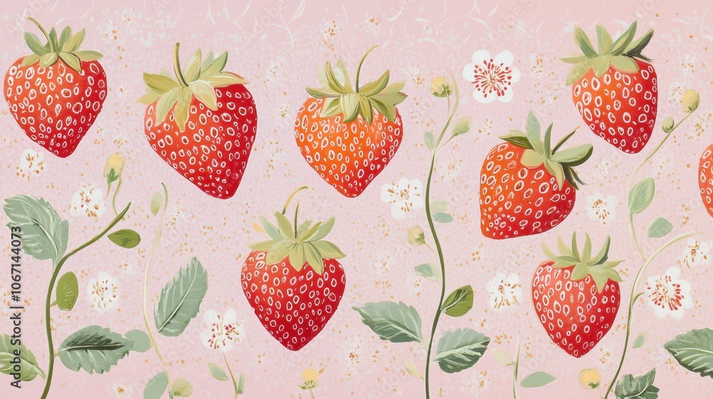 Bright strawberries adorned with delicate patterns on a soft pink background capturing the essence of spring and presenting a playful and inviting ambiance Bright strawberries adorned with delicate patterns on a soft pink background capturing the essence of spring and presenting a playful and inviting ambiance