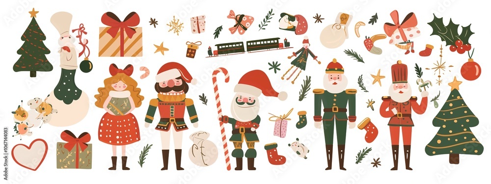 Christmas-Themed Stickers Set – Nutcrackers, Presents, Santa, Toy Trains, Gummy Bears, Candy Canes, Trees & Garlands – Cute Illustrations in Flat Design with Ribbons and Bright Colors Christmas-Themed Stickers Set – Nutcrackers, Presents, Santa, Toy Trains, Gummy Bears, Candy Canes, Trees & Garlands – Cute Illustrations in Flat Design with Ribbons and Bright Colors