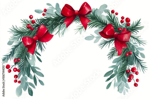 Christmas decoration, garland - arch of fir branches, red berries, holly leaves, poinsettia and baubles with ribbons on white background. New Year watercolor illustration with copy space