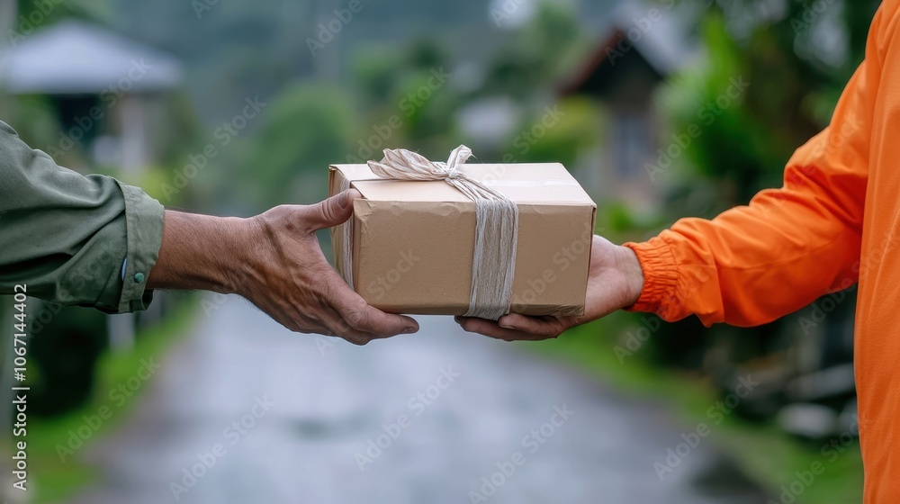 Delivery person handing over a package to a customer in an outdoor setting. Delivery person handing over a package to a customer in an outdoor setting.