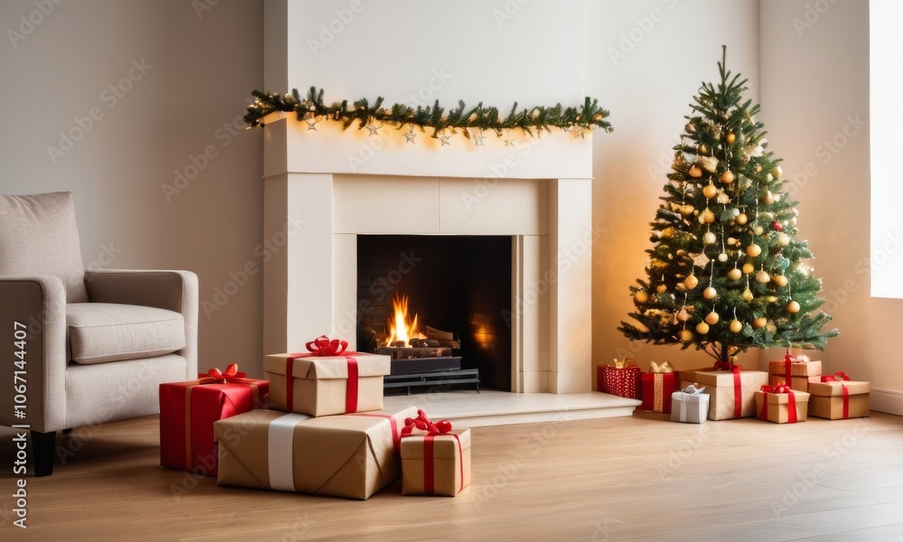 Retro presents under tree near cozy fireplace, wrapped in kraft paper with festive ribbons, surrounded by glowing candles and holiday decor in a warm living room Retro presents under tree near cozy fireplace, wrapped in kraft paper with festive ribbons, surrounded by glowing candles and holiday decor in a warm living room