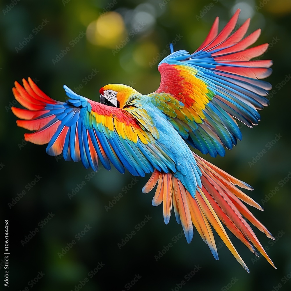 Obraz premium Scarlet Macaw in Flight Vibrant Tropical Bird Wings Spread