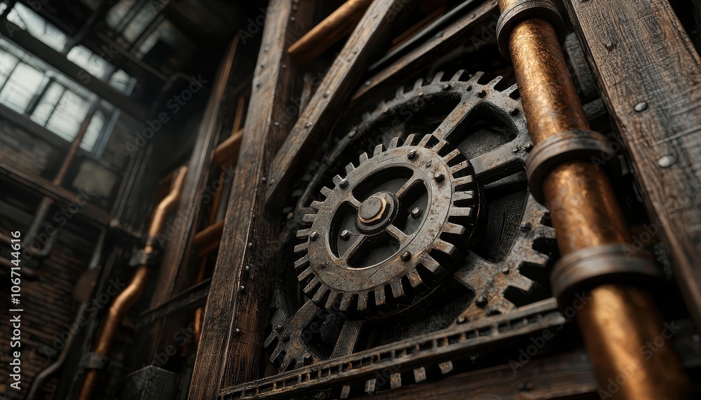 Obraz premium A beautifully crafted wooden house under construction with a steampunk twist, brass pipes and gears intertwined with wooden beams, dark shadows, concept art.closes up