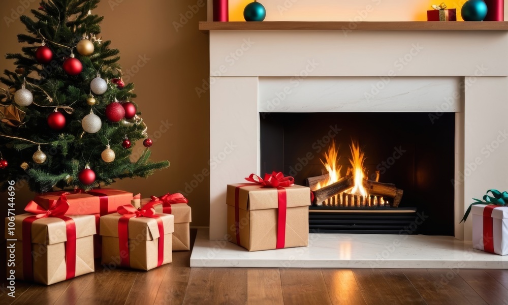 Retro presents under tree near cozy fireplace, wrapped in kraft paper with festive ribbons, surrounded by glowing candles and holiday decor in a warm living room Retro presents under tree near cozy fireplace, wrapped in kraft paper with festive ribbons, surrounded by glowing candles and holiday decor in a warm living room
