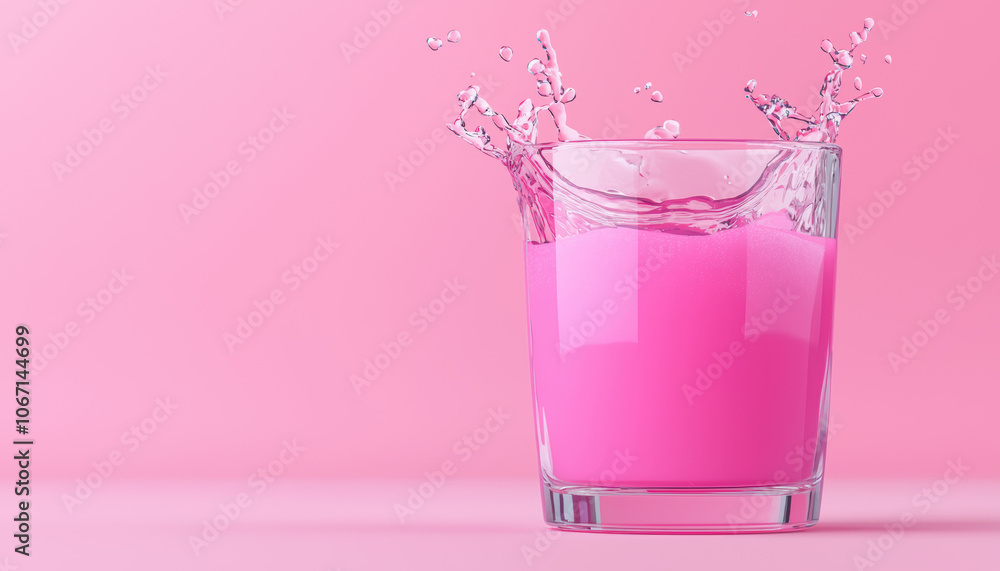 A vibrant pink drink splashes in a glass against a soft pink background, creating a refreshing and playful composition. A vibrant pink drink splashes in a glass against a soft pink background, creating a refreshing and playful composition.