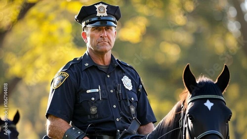 Serious police officer on horseback patrols the city, ensuring security and maintaining law and order. The golden hour lighting adds warmth to the scene
