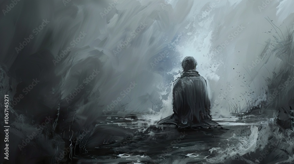 Solitude and Reflection: A Figure in a Foggy Landscape Solitude and Reflection: A Figure in a Foggy Landscape