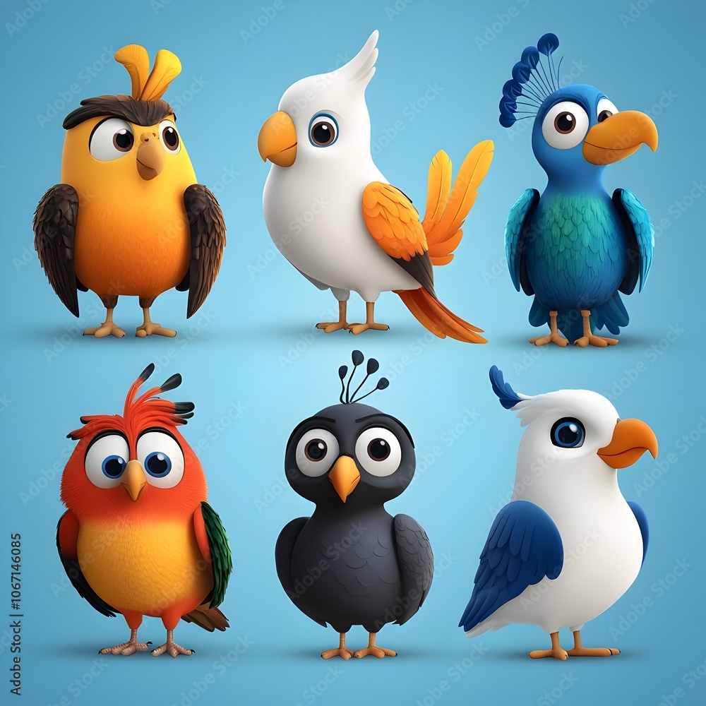 Vibrant and Whimsical Cartoon Bird Collection Featuring a Parrot Owl Peacock and Dove with Distinctive Plumage Patterns and Bright Playful Designs Vibrant and Whimsical Cartoon Bird Collection Featuring a Parrot Owl Peacock and Dove with Distinctive Plumage Patterns and Bright Playful Designs