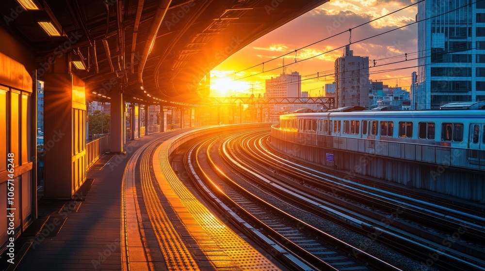 A Train Station Platform at Sunset in a City A Train Station Platform at Sunset in a City