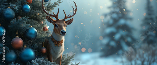 A deer standing next to a Christmas tree adorned with ornaments