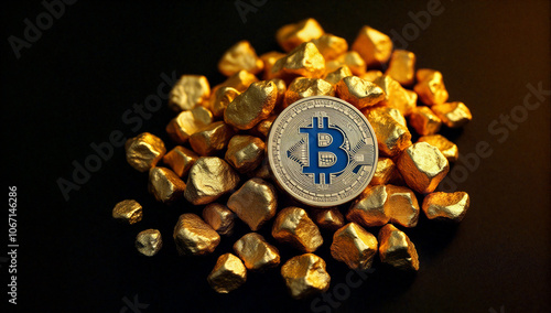 a bit coin surrounded by gold nuggets on a table