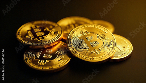 a pile of gold bitcoins on a black surface