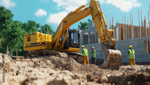 Excavator digging foundation for house, workers in safety gear, 3D illustration