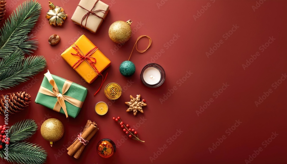 Christmas Arrange holiday-related items in a flat lay on a vibrant or rustic background Christmas Arrange holiday-related items in a flat lay on a vibrant or rustic background