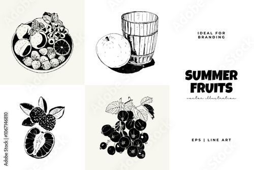 Abstract fruits vector black ink . Modern trendyи minimal style. Exotic Healthy Food. Hand drawn design for wallpaper, wall decor, print, postcard, cover, template, banner.