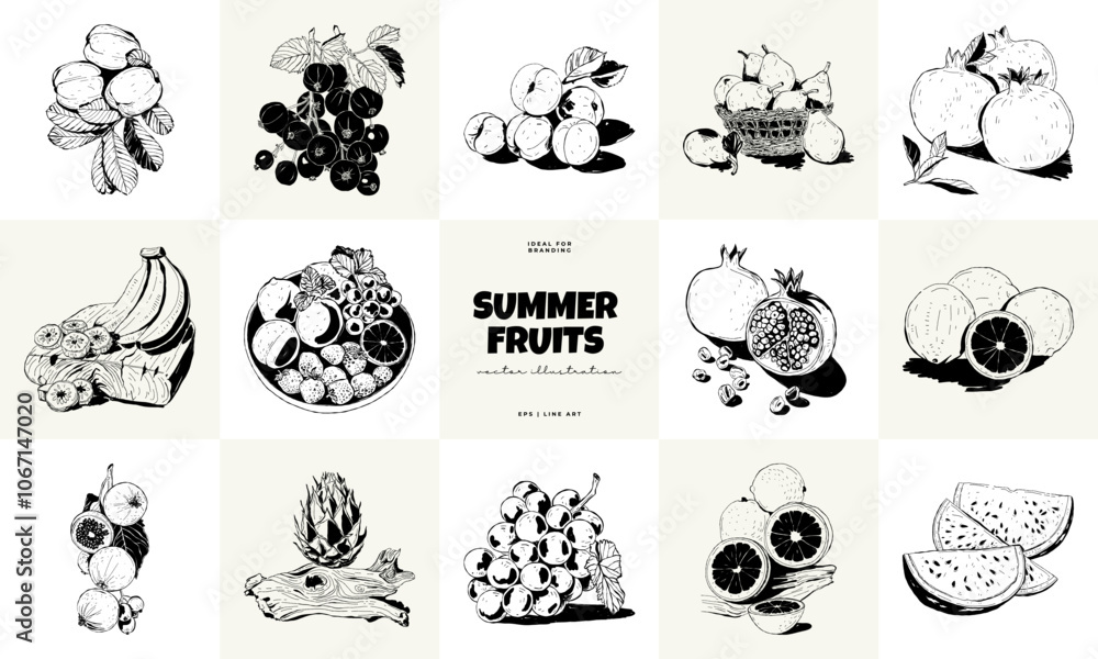 Obraz premium Abstract fruits vector black ink . Modern trendyи minimal style. Exotic Healthy Food. Hand drawn design for wallpaper, wall decor, print, postcard, cover, template, banner.