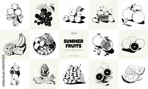 Abstract fruits vector black ink . Modern trendyи minimal style. Exotic Healthy Food. Hand drawn design for wallpaper, wall decor, print, postcard, cover, template, banner.