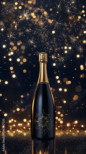 Elegant champagne bottle amidst a dazzling display of golden sparkles and fireworks, embodying luxury and celebration on a magical festive night.