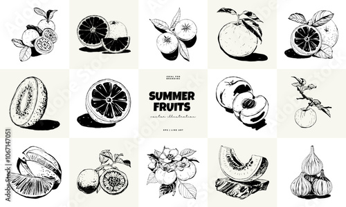 Abstract fruits vector black ink . Modern trendyи minimal style. Exotic Healthy Food. Hand drawn design for wallpaper, wall decor, print, postcard, cover, template, banner.