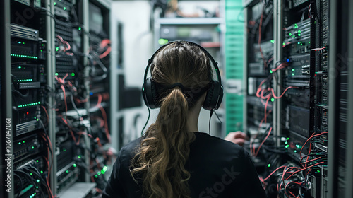 Female network engineer with headphones analyzing system performance data on multiple screens in a well-organized server room 