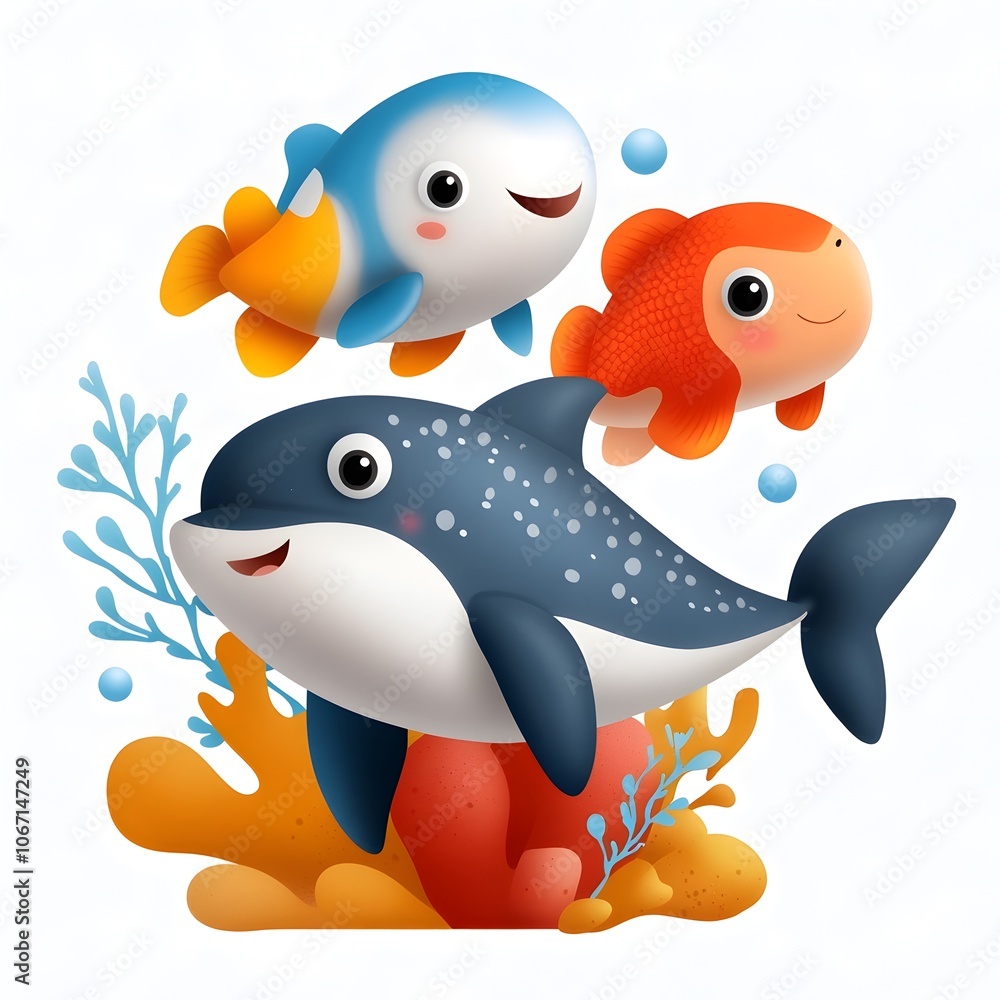 This cheerful cartoon underwater animal collection features a friendly dolphin playful octopus sea turtle and vibrant colorful fish set against a beautiful coral reef background This cheerful cartoon underwater animal collection features a friendly dolphin playful octopus sea turtle and vibrant colorful fish set against a beautiful coral reef background