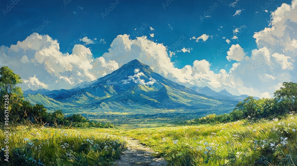 Fototapeta premium A Mountainous Landscape Under a Blue Sky with Fluffy Clouds