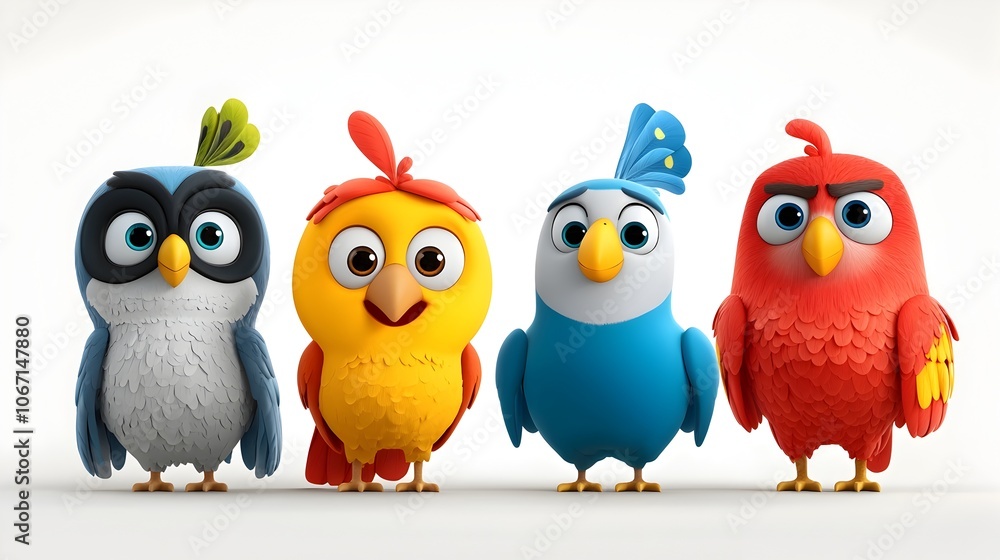Vibrant Cartoon Bird Characters Collection Featuring a Parrot Owl Peacock and Dove with Unique Bright Colors and Patterns Vibrant Cartoon Bird Characters Collection Featuring a Parrot Owl Peacock and Dove with Unique Bright Colors and Patterns
