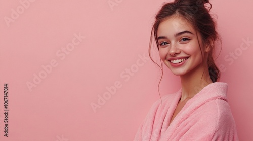 Radiant young woman with a captivating smile, wearing a cozy pink bathrobe against a matching pink background, exuding warmth and cheerfulness.