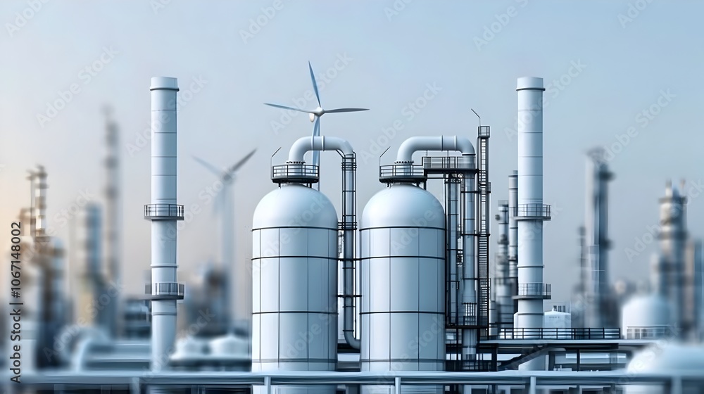 Renewable energy production facility with wind turbines and solar panels generating clean electricity and hydrogen fuel through sustainable and eco friendly technology against a modern industrial Renewable energy production facility with wind turbines and solar panels generating clean electricity and hydrogen fuel through sustainable and eco friendly technology against a modern industrial