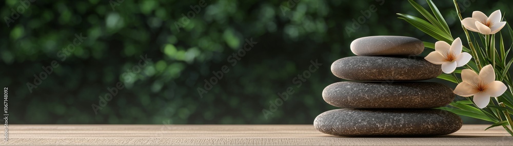 A serene arrangement of smooth stones balanced on a wooden surface, accompanied by delicate flowers and a green background, evoking tranquility and calmness. A serene arrangement of smooth stones balanced on a wooden surface, accompanied by delicate flowers and a green background, evoking tranquility and calmness.
