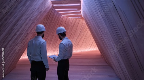 Carpenters designing a futuristic wooden interior with sleek lines and holographic accents, minimalistic luxury, blue neon lighting, cyber-lux style, high-tech tools, digital art photo