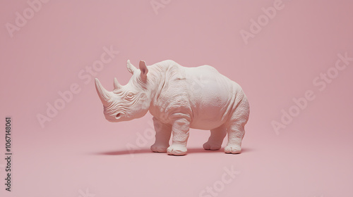 Stylized white rhino figurine against a soft pink backdrop