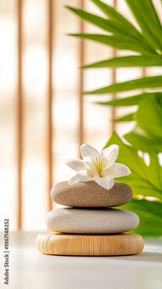 A serene arrangement of smooth stones topped with a delicate flower against a backdrop of lush greenery, representing tranquility and balance. A serene arrangement of smooth stones topped with a delicate flower against a backdrop of lush greenery, representing tranquility and balance.
