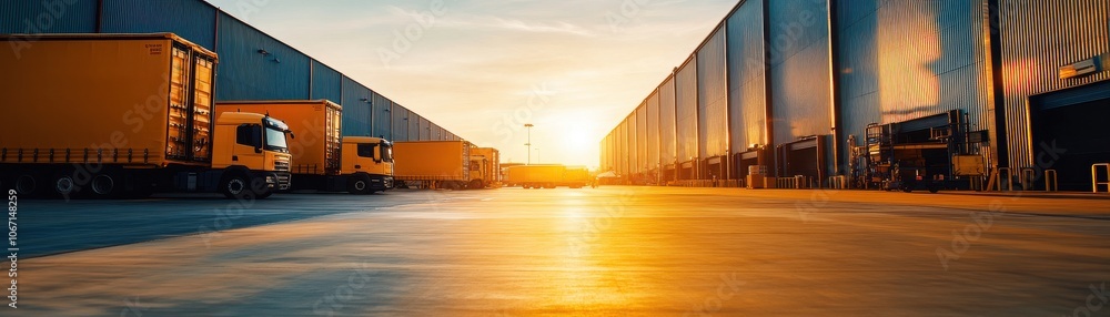 A stunning sunset view over a quiet logistics yard, featuring parked trucks and industrial buildings, perfect for transportation themes. A stunning sunset view over a quiet logistics yard, featuring parked trucks and industrial buildings, perfect for transportation themes.