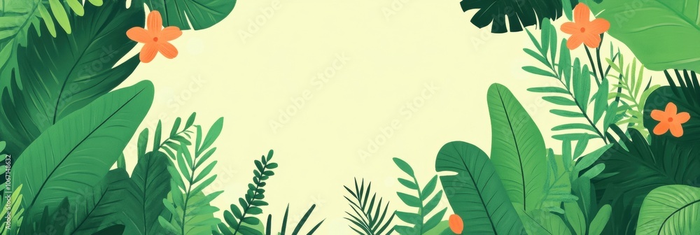 Green tropical leaves with orange flowers on a soft background, ideal for decoration. Green tropical leaves with orange flowers on a soft background, ideal for decoration.